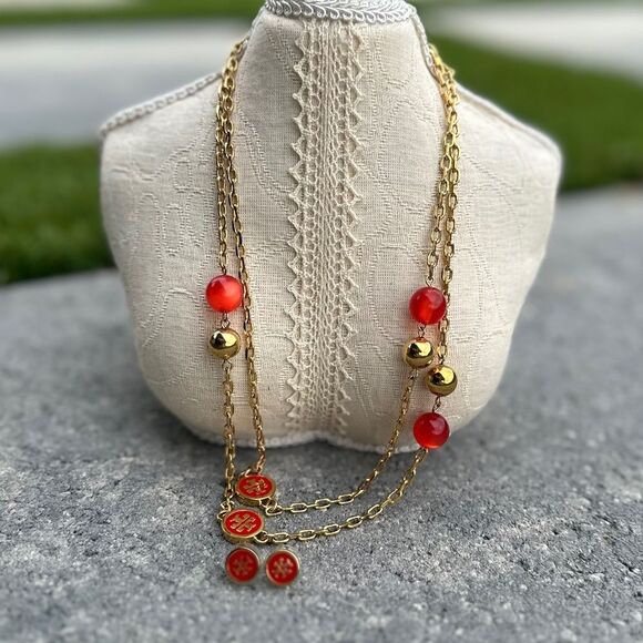 Tory Burch Rosary Station Red Enamel Necklace and Earrings - Picture 1 of 5